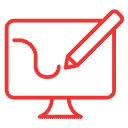 Red outline of a computer monitor with a design pencil